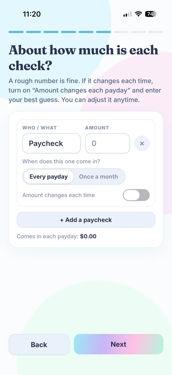 Onboarding question: About how much is each check? Fields for paycheck name and amount, with a switch for an amount that changes each time