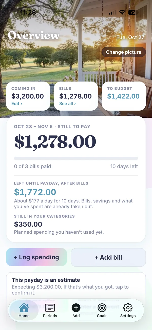 BudgetGem Home screen showing $1,772.00 left until payday after bills, $1,278.00 still to pay and $3,200.00 coming in for the pay period