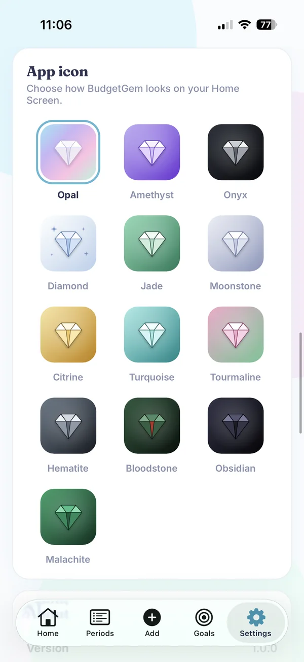 Settings screen showing matching app icons: Opal, Amethyst, Onyx, Diamond, Jade, Moonstone, Citrine, Turquoise, Tourmaline, Hematite, Bloodstone, Obsidian and Malachite