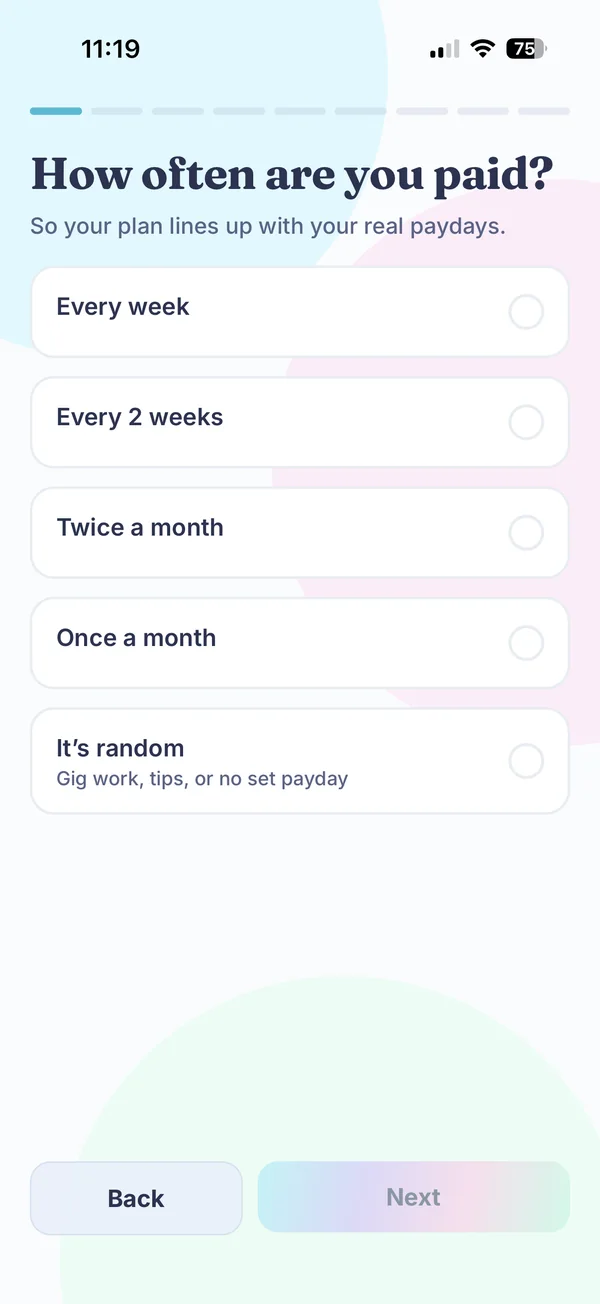 Onboarding question: How often are you paid? Options are every week, every 2 weeks, twice a month, once a month and it's random