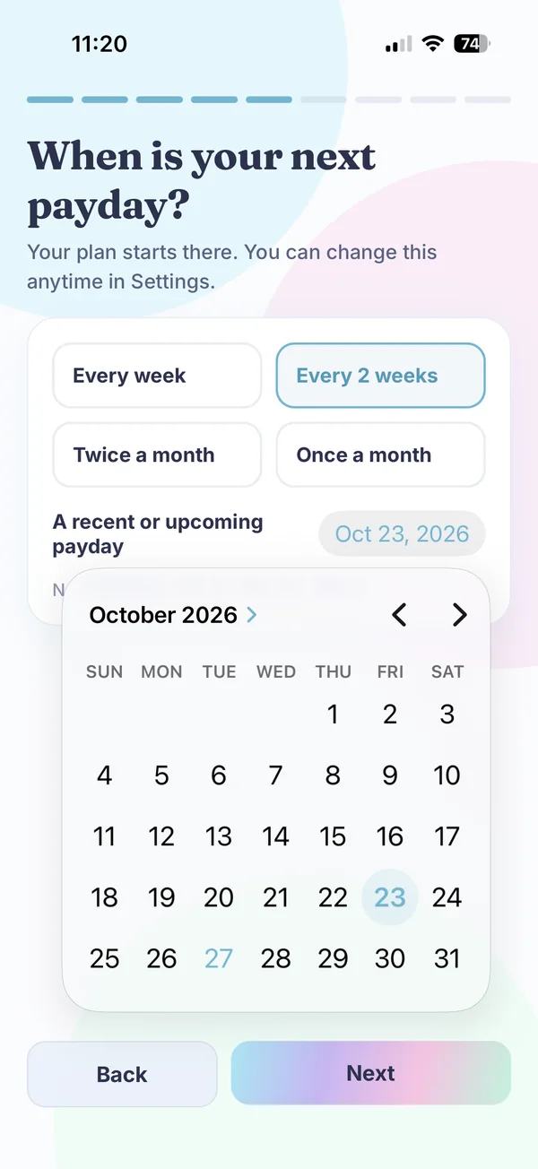 Onboarding question: When is your next payday? A calendar for October 2026 with a pay schedule picker above it