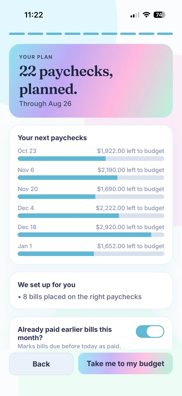 BudgetGem plan screen: 22 paychecks planned, with each upcoming payday and the amount left to budget, and 8 bills placed on the right paychecks